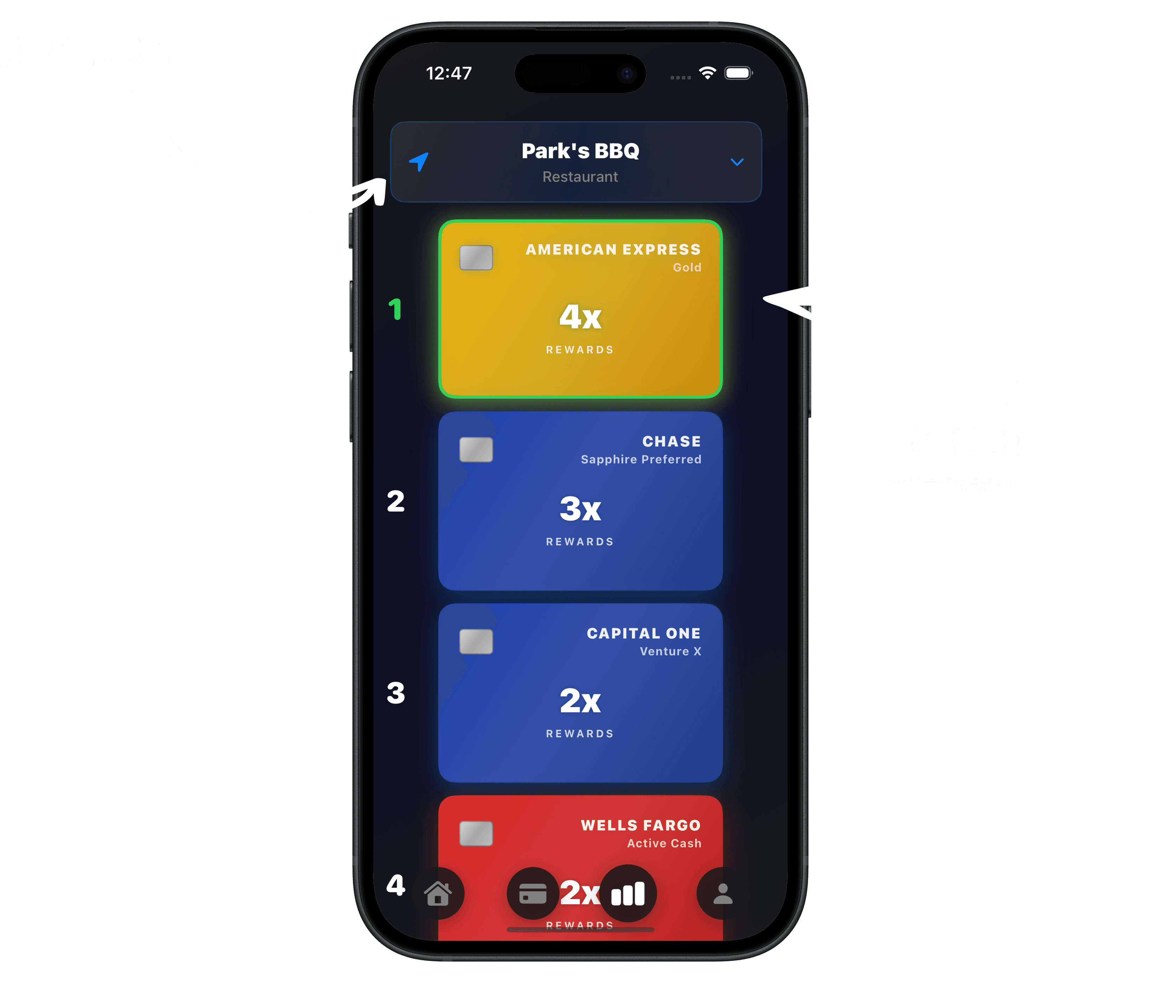 Card Caddie iOS App - Location-based card recommendations showing the best card to use at Shake Shack